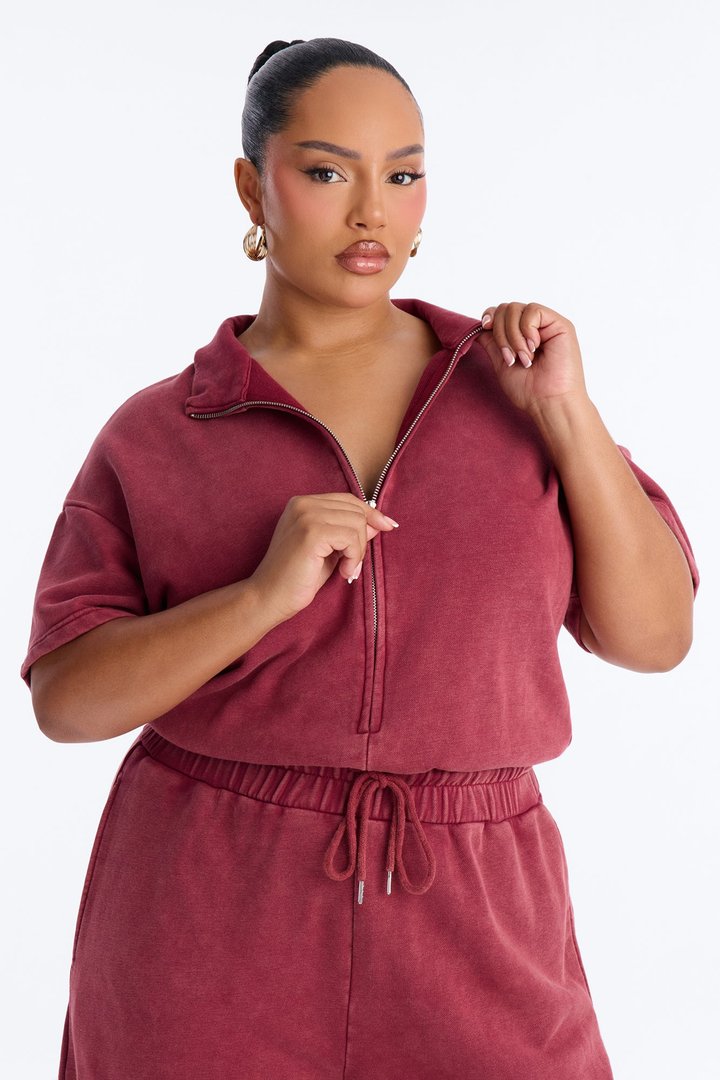 Busy Schedule Washed French Terry Short Sleeve Jumpsuit - Burgundy