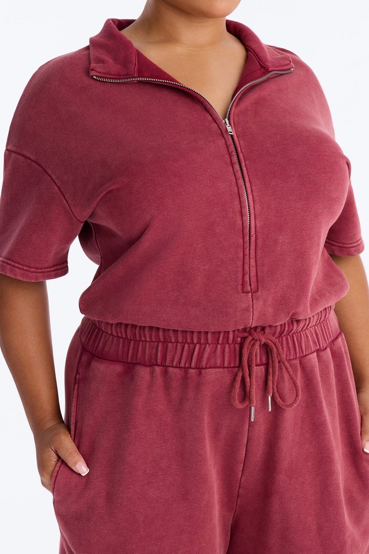 Busy Schedule Washed French Terry Short Sleeve Jumpsuit - Burgundy