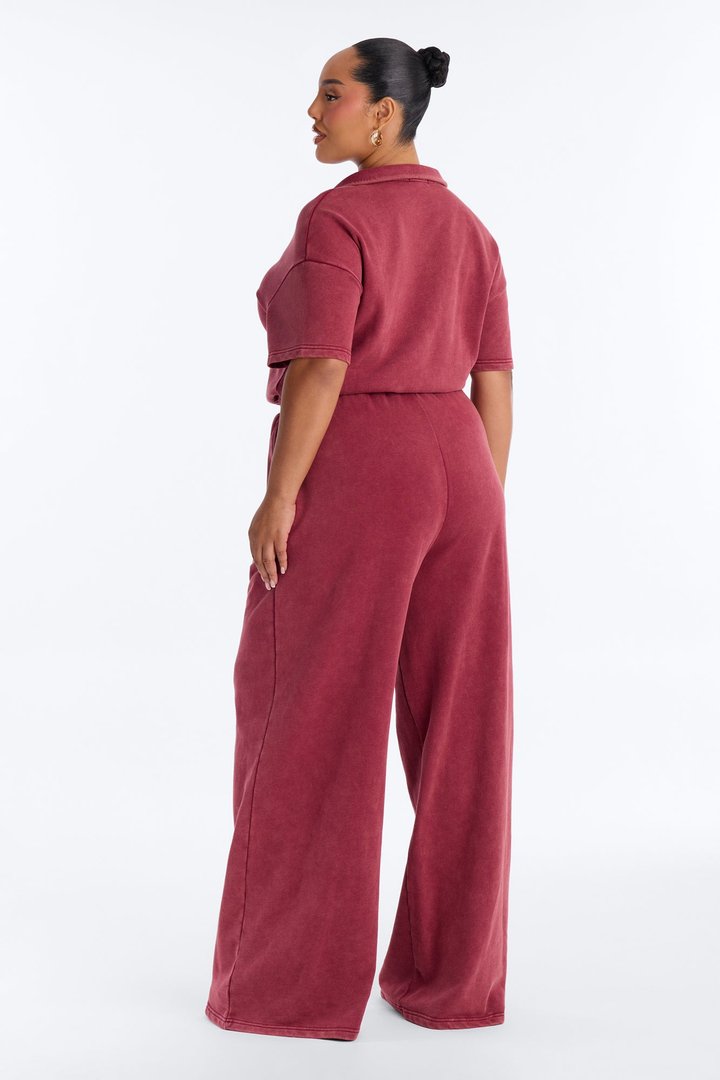 Busy Schedule Washed French Terry Short Sleeve Jumpsuit - Burgundy
