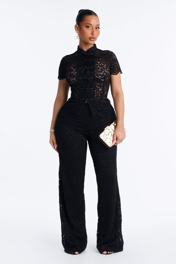 Le Fleur Lace Short Sleeve Pant Set - Black