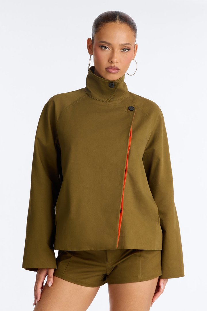 All About Contrast Mock Jacket And Short Set - Olive
