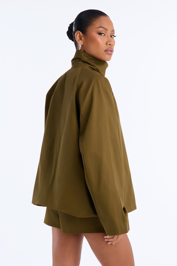 All About Contrast Mock Jacket And Short Set - Olive