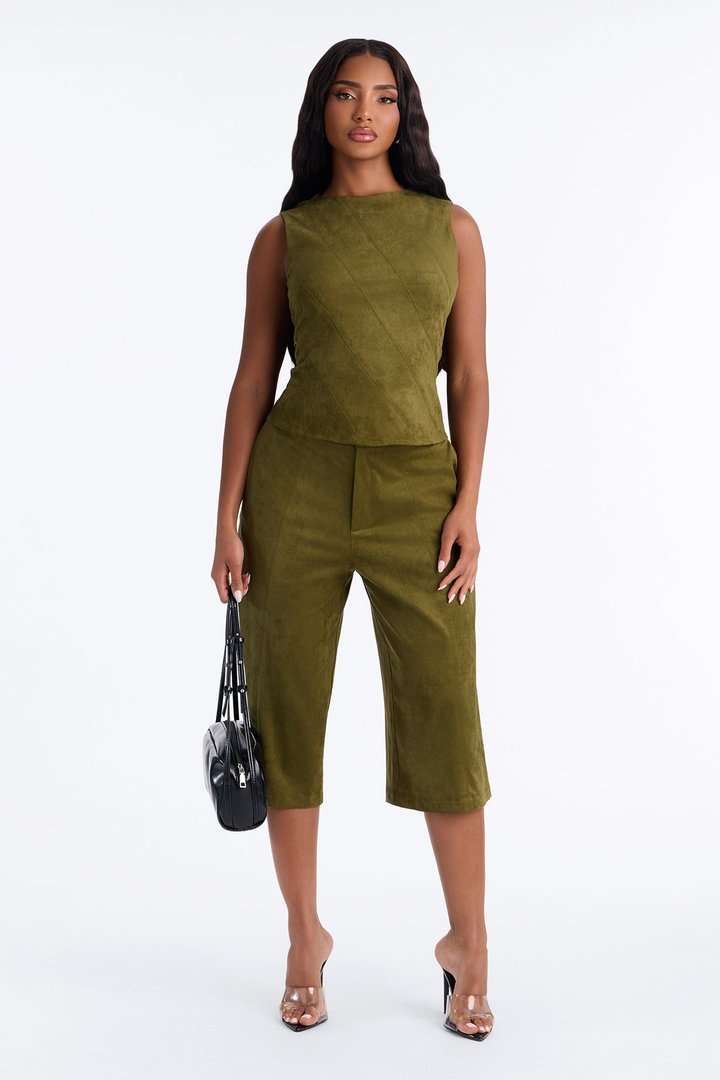 Sasha Faux Suede Bermuda Short Set - Olive