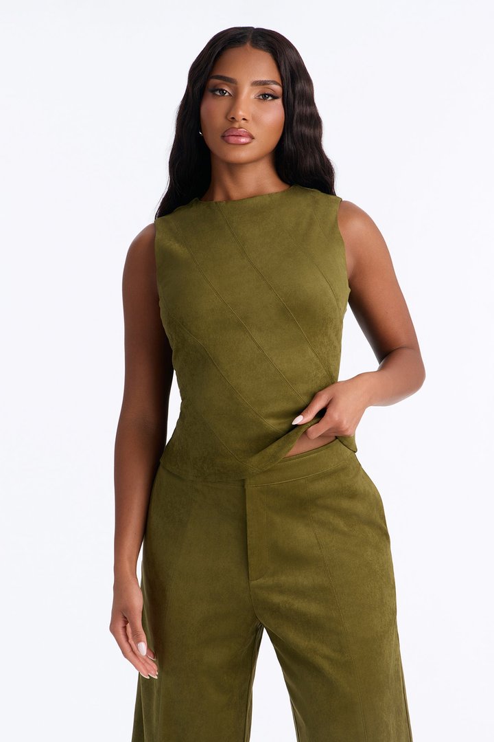 Sasha Faux Suede Bermuda Short Set - Olive