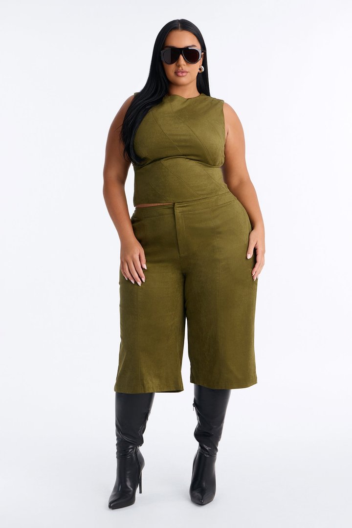 Sasha Faux Suede Bermuda Short Set - Olive