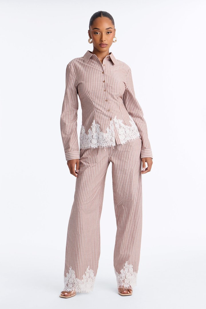 Maralyn Linen Lace Trim Pant Set - Mocha/combo