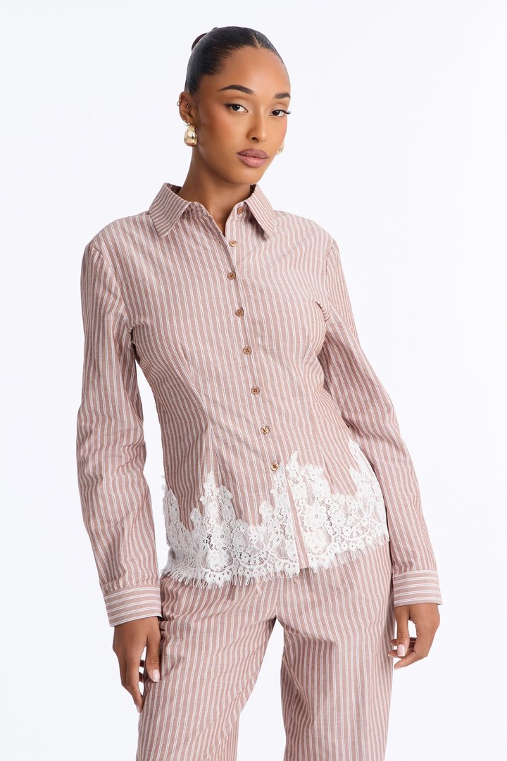Maralyn Linen Lace Trim Pant Set - Mocha/combo