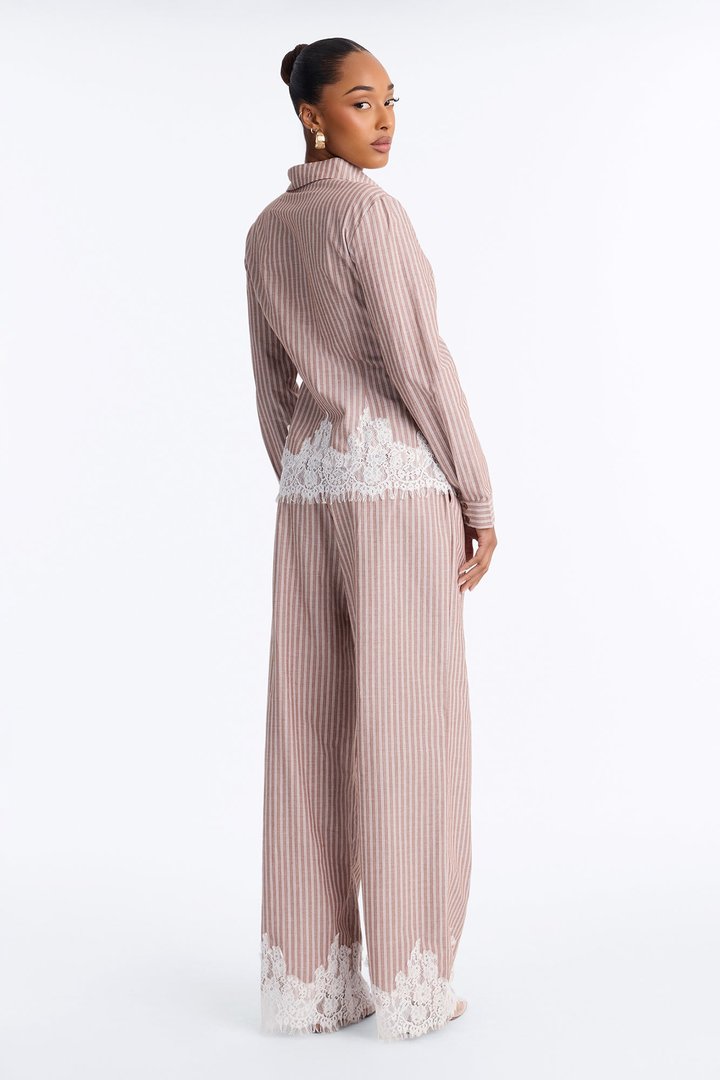 Maralyn Linen Lace Trim Pant Set - Mocha/combo