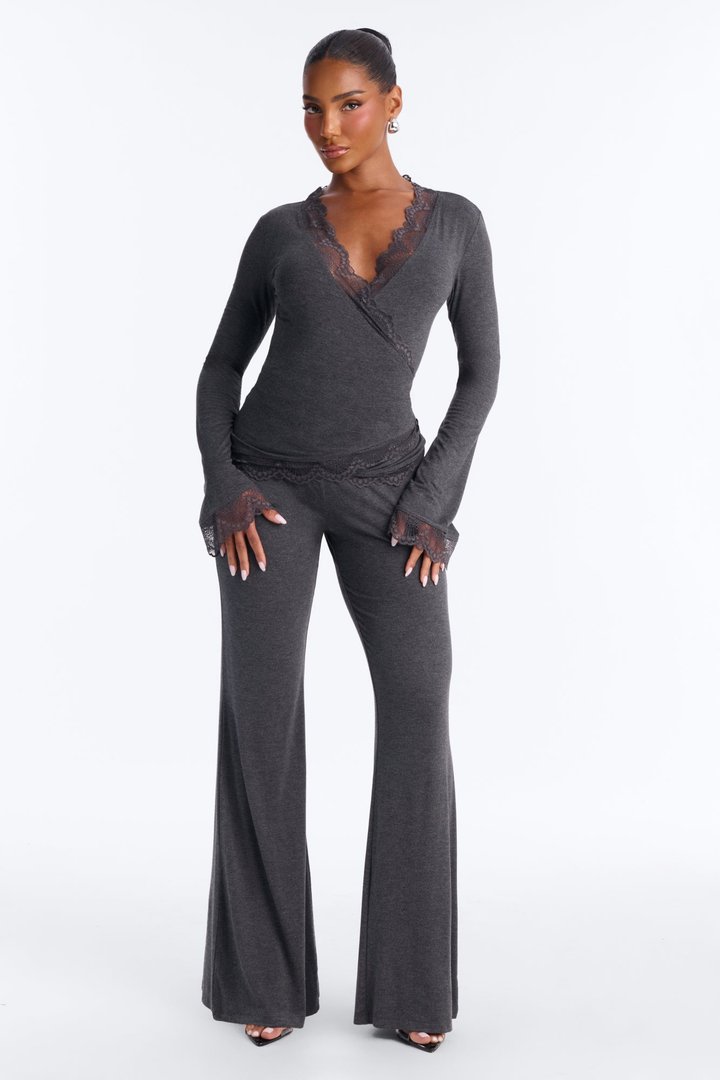 Danielle Lace Trim Wrap Pant Set - Charcoal