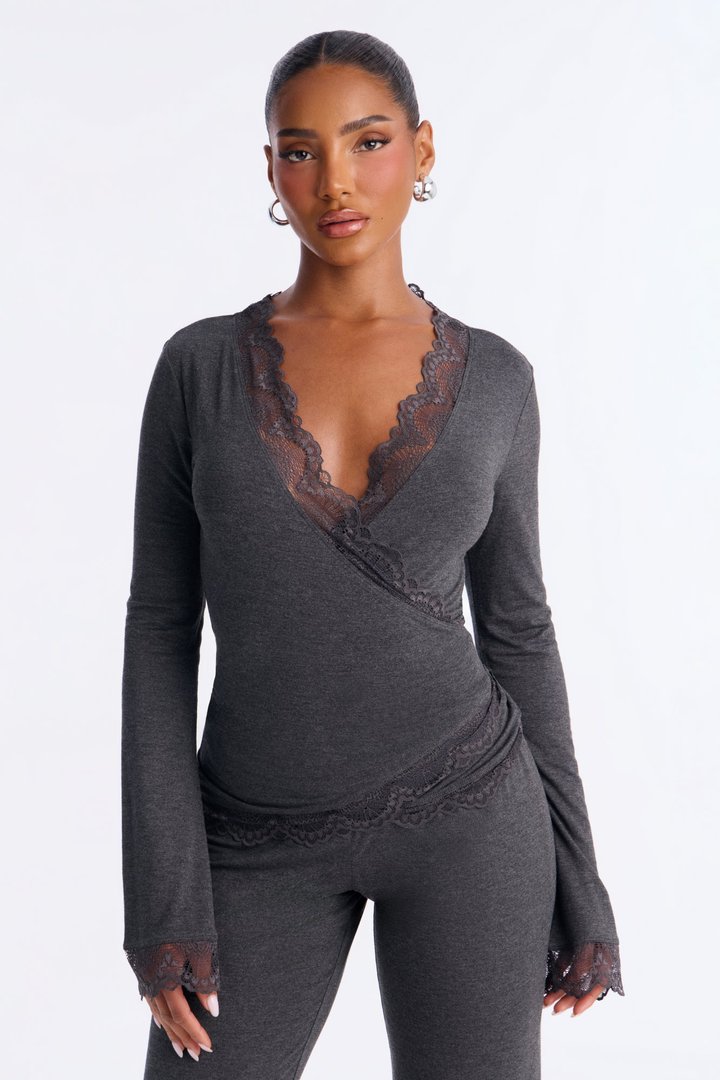 Danielle Lace Trim Wrap Pant Set - Charcoal