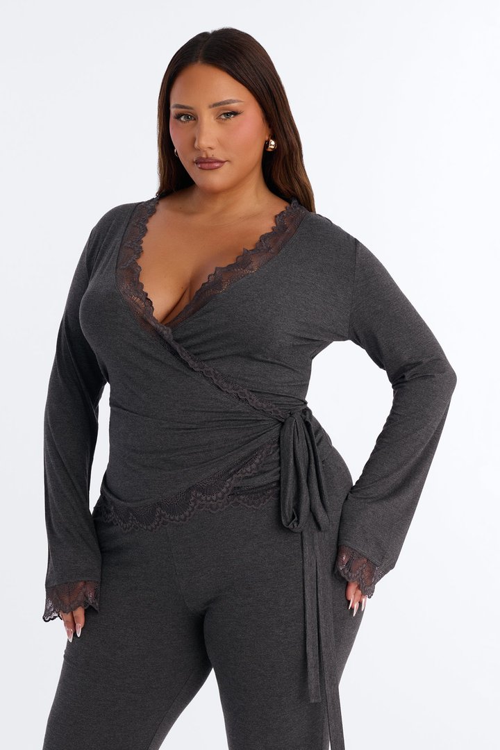 Danielle Lace Trim Wrap Pant Set - Charcoal