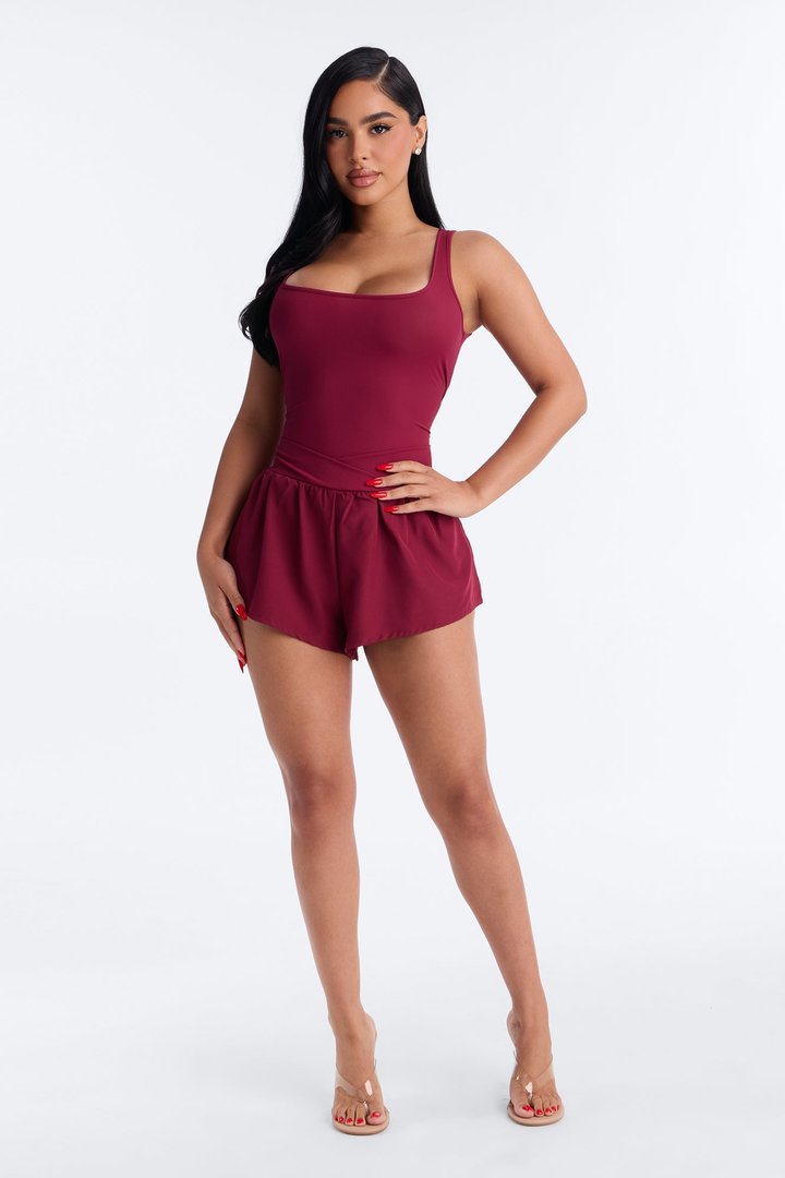 Tennis Court Baddie Sleeveless Windbreak Short Romper - Burgundy