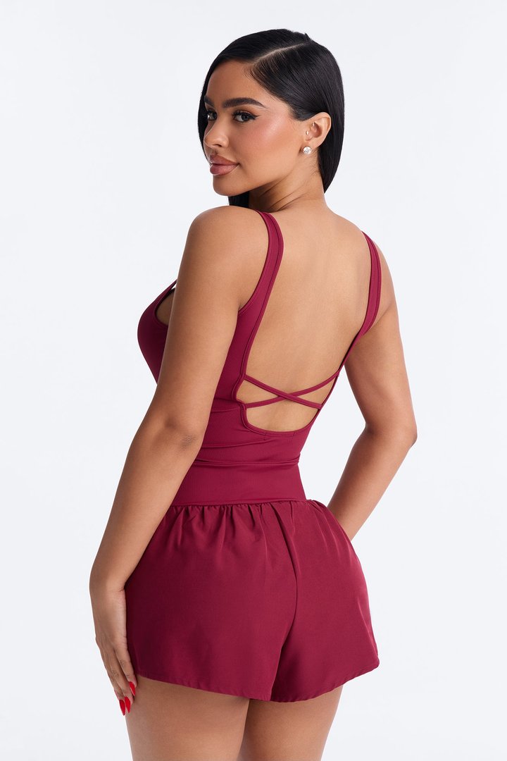 Tennis Court Baddie Sleeveless Windbreak Short Romper - Burgundy