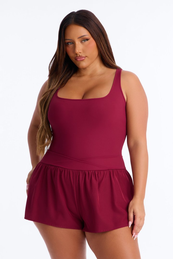 Tennis Court Baddie Sleeveless Windbreak Short Romper - Burgundy