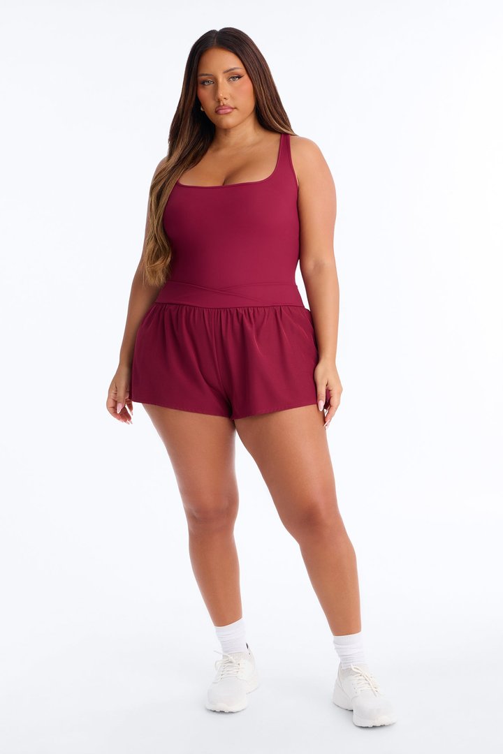 Tennis Court Baddie Sleeveless Windbreak Short Romper - Burgundy