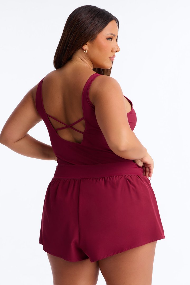 Tennis Court Baddie Sleeveless Windbreak Short Romper - Burgundy
