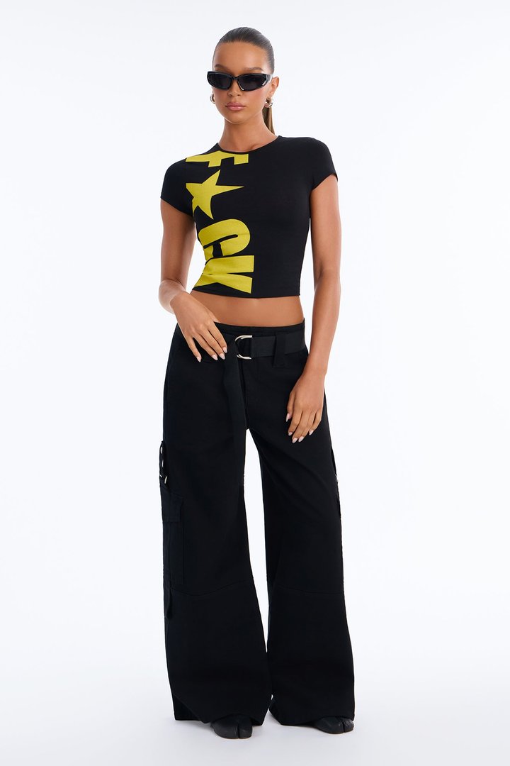 Natalia High Rise Cargo Belted Wide Leg Pant 33″ - Black