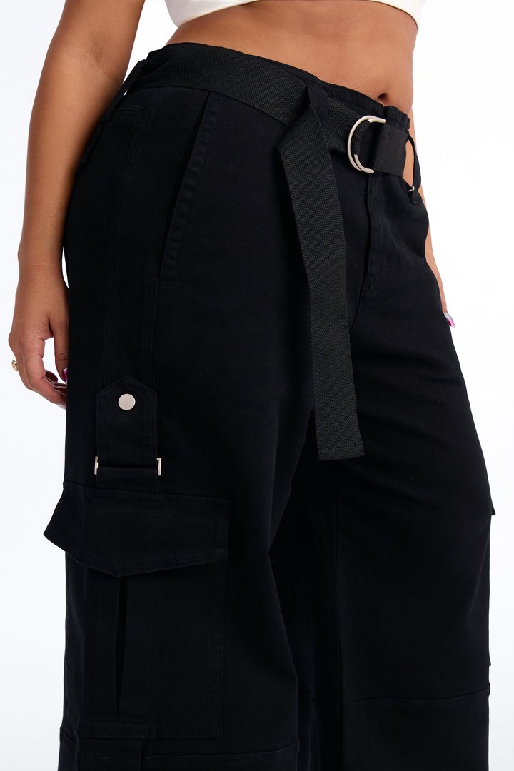 Natalia High Rise Cargo Belted Wide Leg Pant 33″ - Black