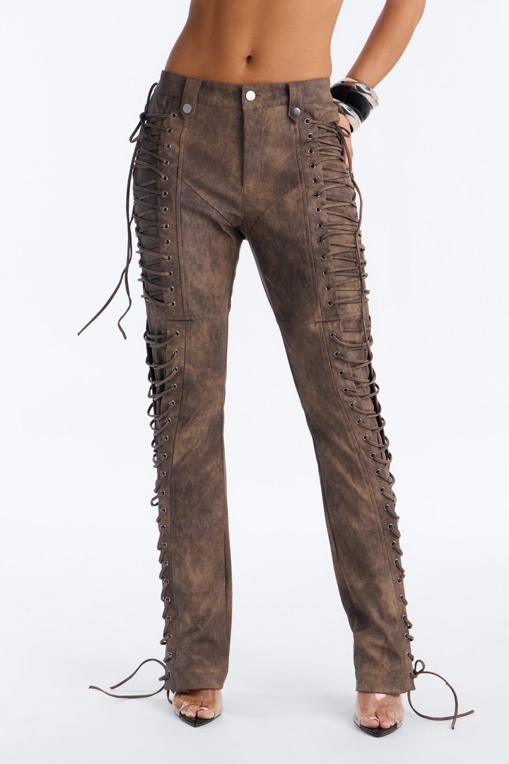 After Hours Faux Leather Lace Up Flare Pant 33″ - Chocolate