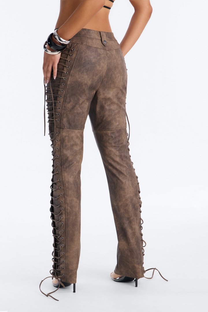 After Hours Faux Leather Lace Up Flare Pant 33″ - Chocolate