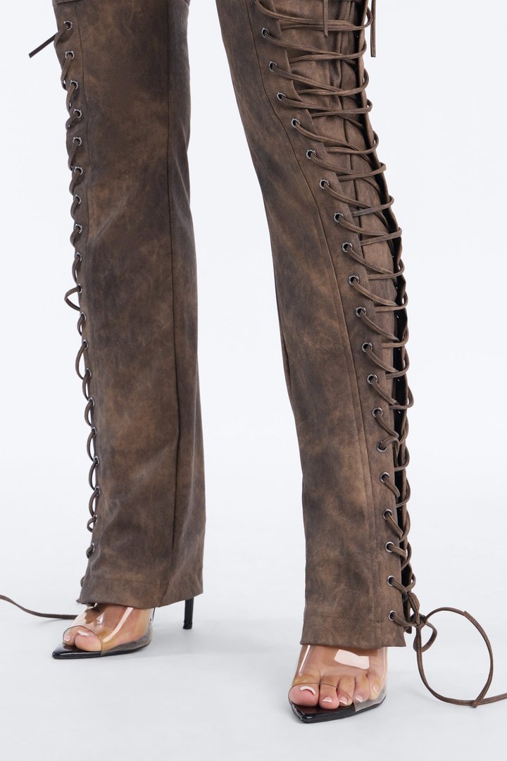 After Hours Faux Leather Lace Up Flare Pant 33″ - Chocolate