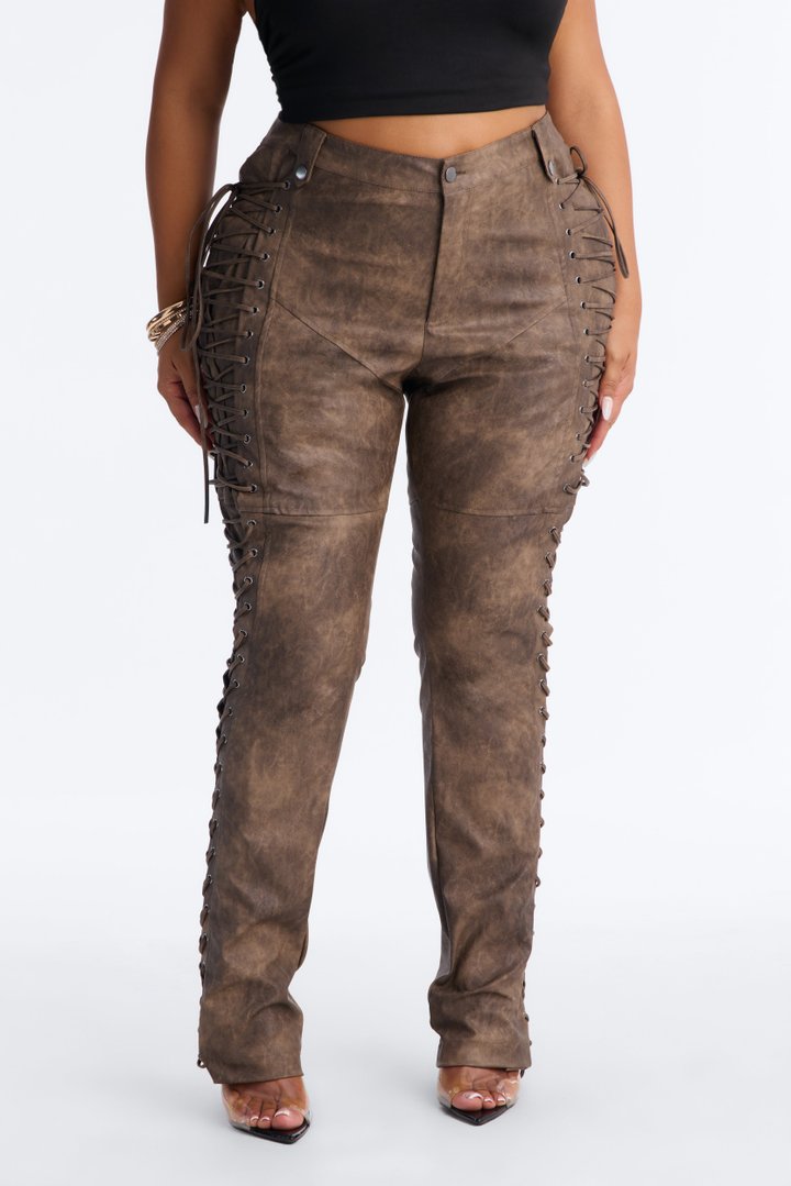 After Hours Faux Leather Lace Up Flare Pant 33″ - Chocolate