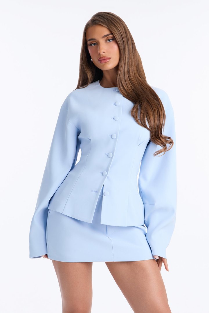 Happy Hour Fitted Waist Collarless Boxy Blazer - LightBlue