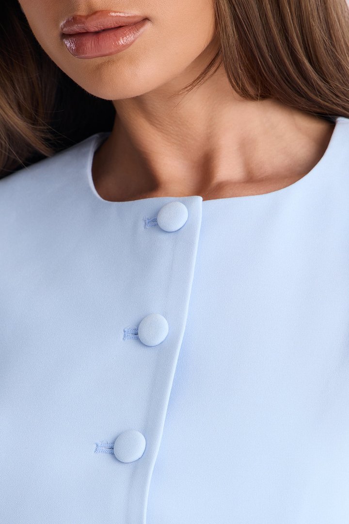 Happy Hour Fitted Waist Collarless Boxy Blazer - LightBlue