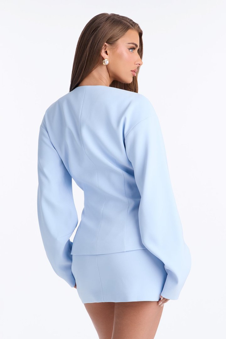 Happy Hour Fitted Waist Collarless Boxy Blazer - LightBlue