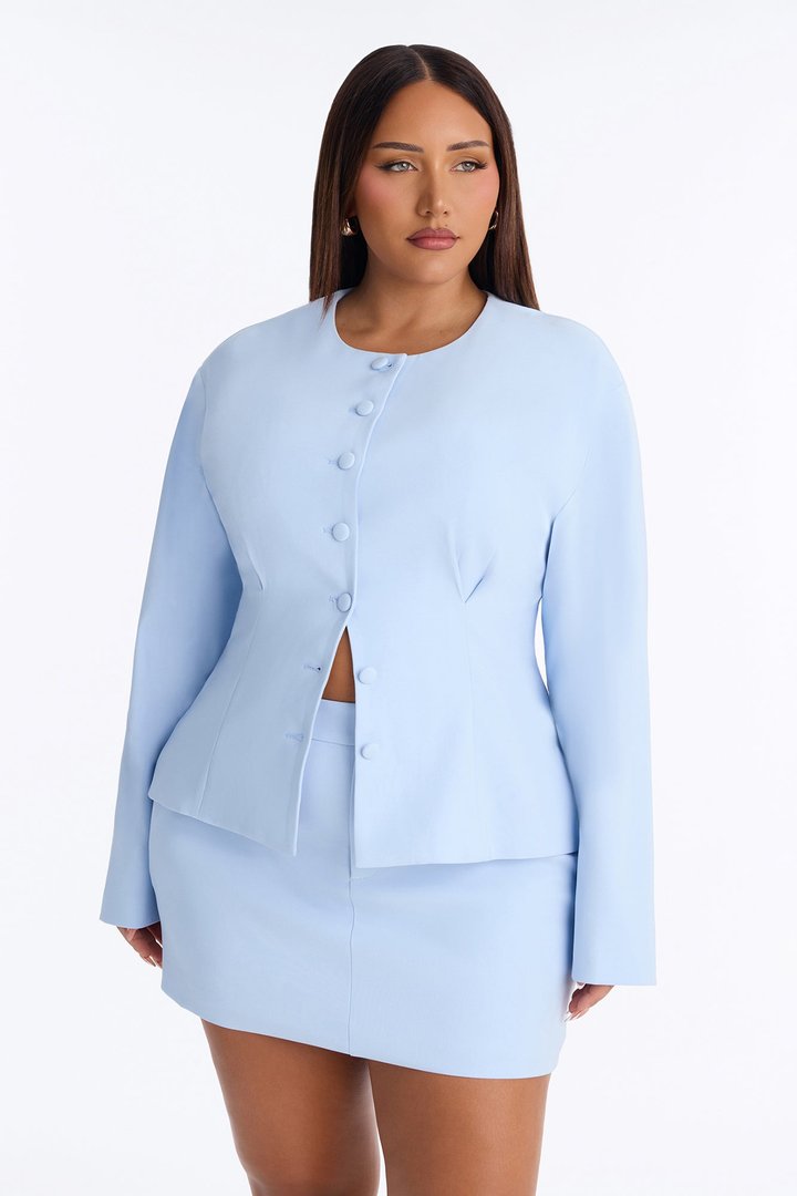 Happy Hour Fitted Waist Collarless Boxy Blazer - LightBlue