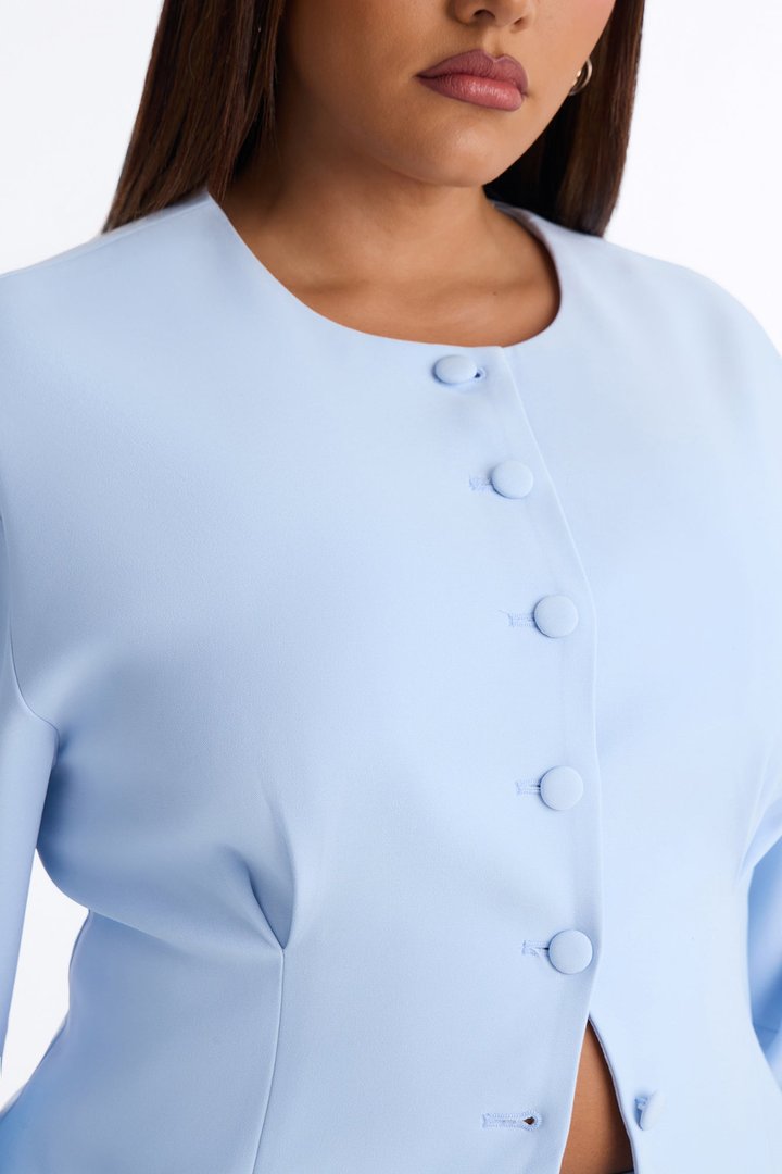 Happy Hour Fitted Waist Collarless Boxy Blazer - LightBlue