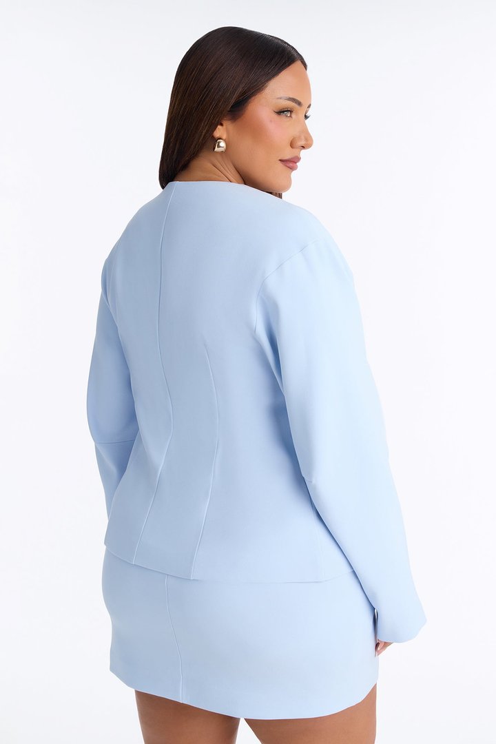 Happy Hour Fitted Waist Collarless Boxy Blazer - LightBlue