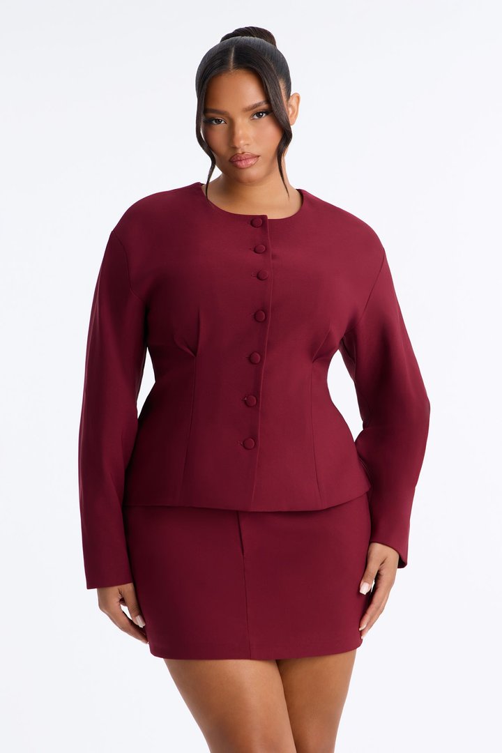 Happy Hour Fitted Waist Collarless Boxy Blazer - Wine