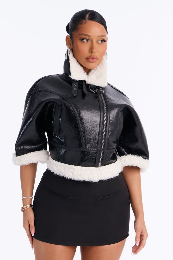 She's Sassy Short Sleeve Faux Leather Cropped Moto Jacket - Black