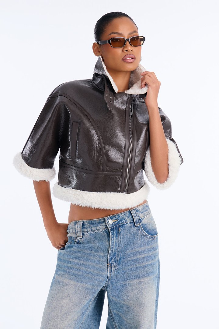 She's Sassy Short Sleeve Faux Leather Cropped Moto Jacket - Brown