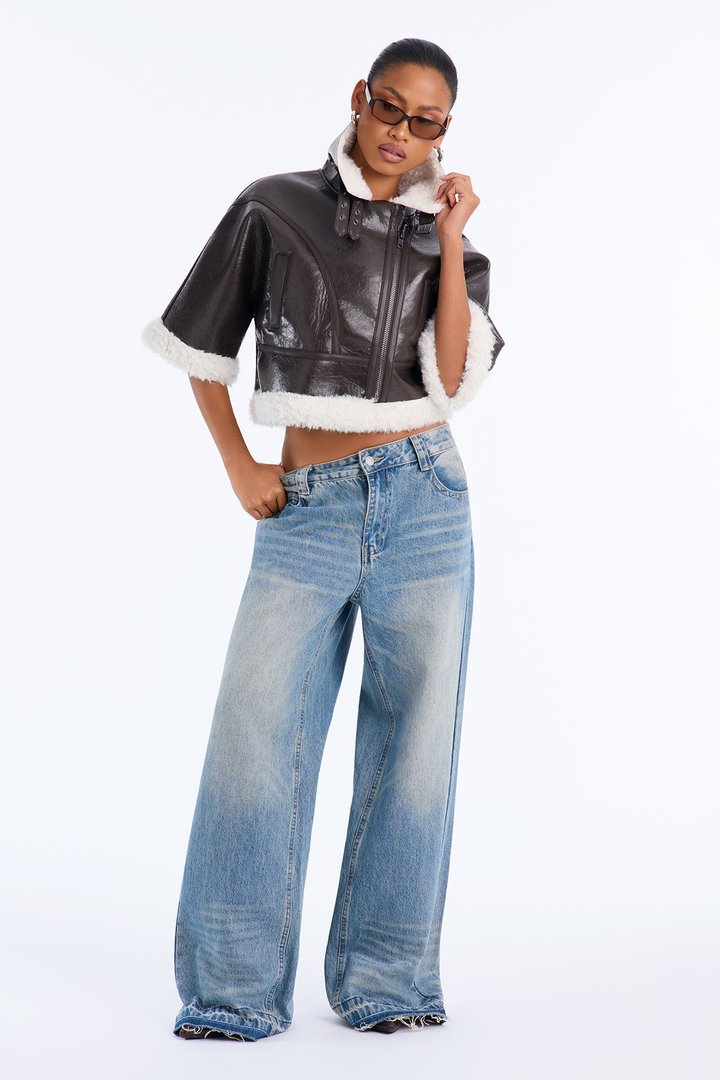 She's Sassy Short Sleeve Faux Leather Cropped Moto Jacket - Brown