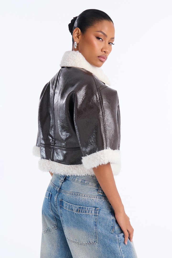 She's Sassy Short Sleeve Faux Leather Cropped Moto Jacket - Brown
