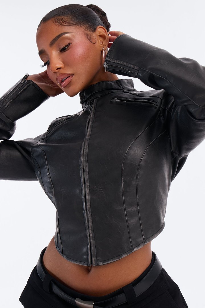 Run The Streets Fitted Washed Faux Leather Moto Jacket - Black