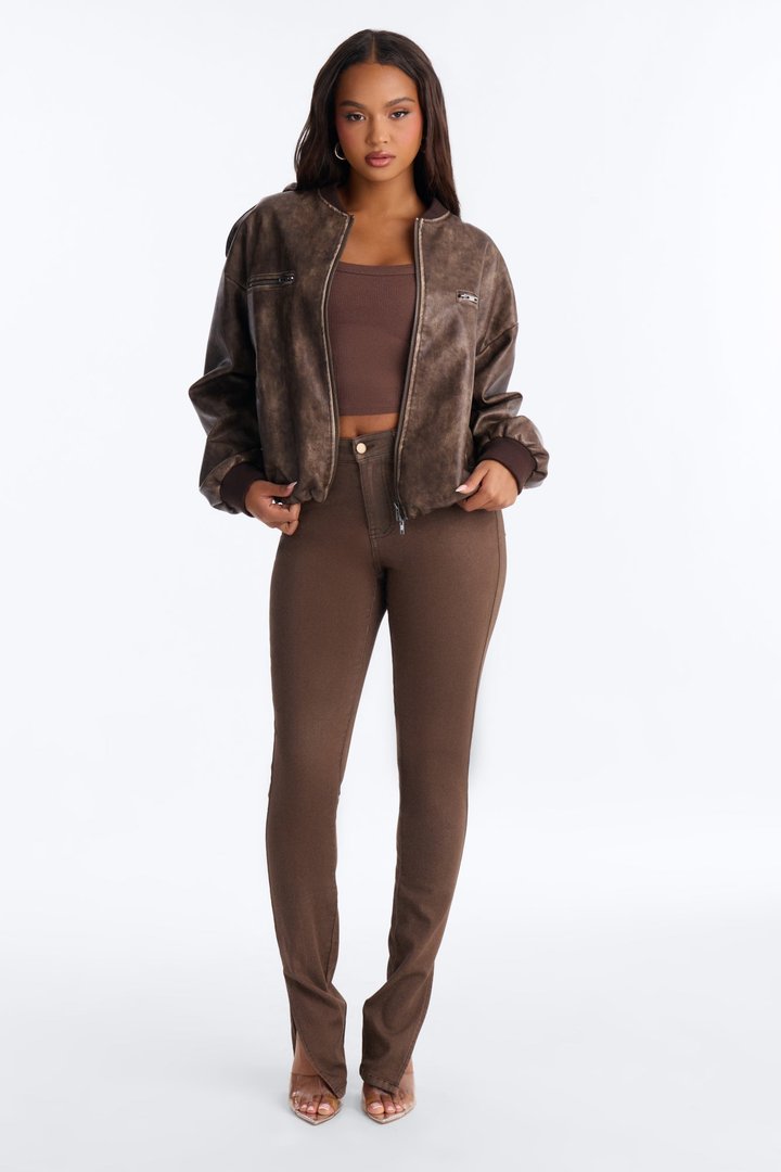 On The Move Faux Leather Bomber - Brown