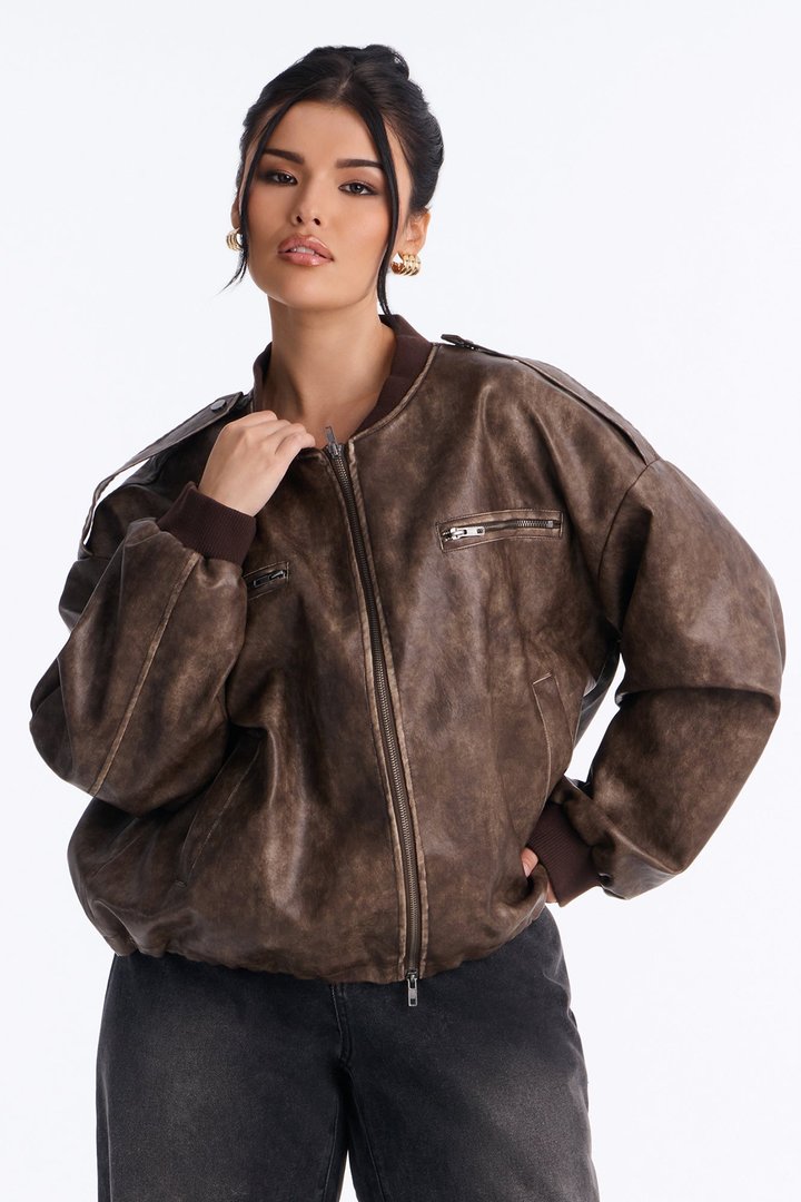 On The Move Faux Leather Bomber - Brown