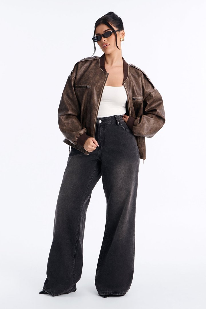 On The Move Faux Leather Bomber - Brown