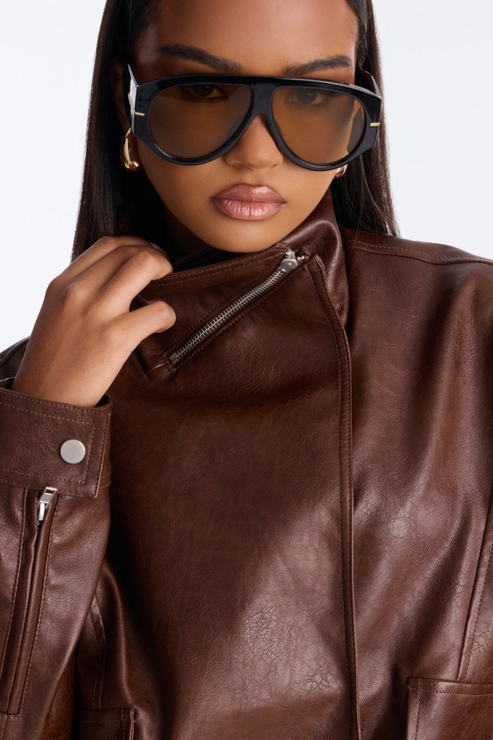 She's The Muse Faux Leather Bomber Jacket - Brown