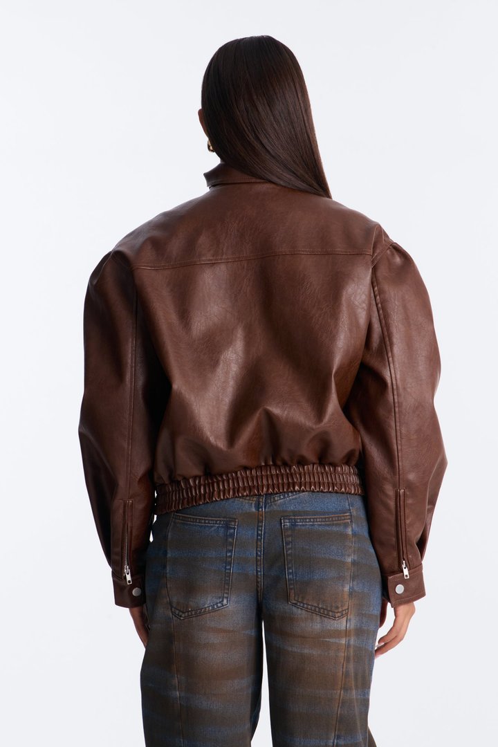 She's The Muse Faux Leather Bomber Jacket - Brown