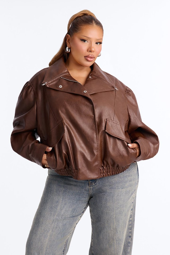 She's The Muse Faux Leather Bomber Jacket - Brown