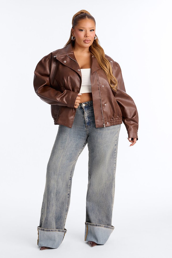 She's The Muse Faux Leather Bomber Jacket - Brown
