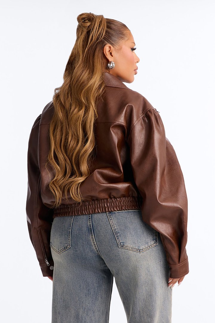She's The Muse Faux Leather Bomber Jacket - Brown