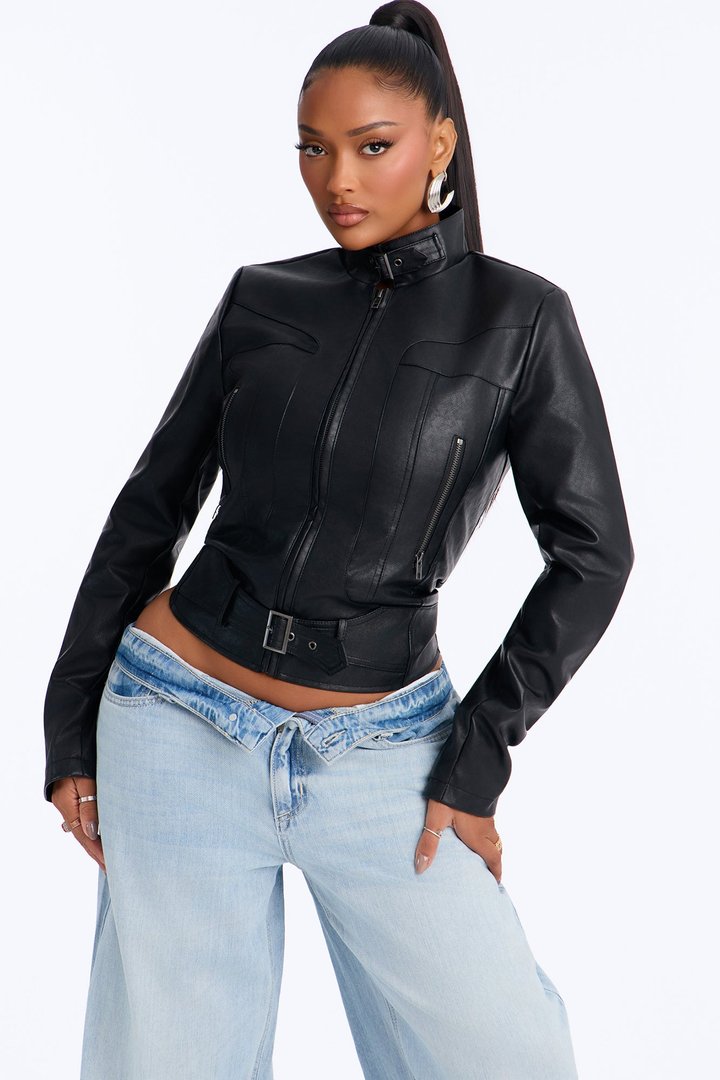 Stay Fierce Fitted Belted Moto Jacket - Black