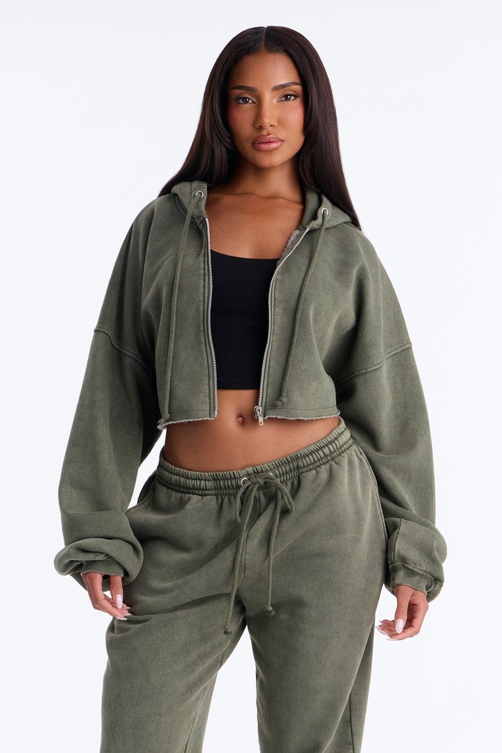 On The Go Fleece Cropped Jogger Set - Olive