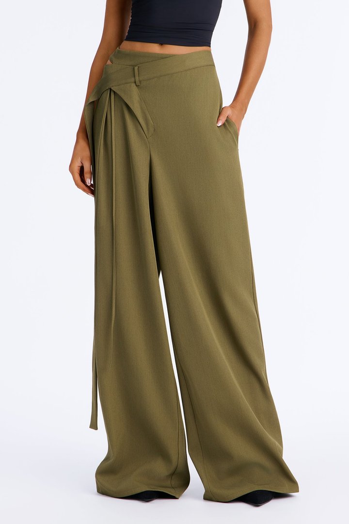 All Wrapped Up Cutout Wide Leg Trousers - Olive