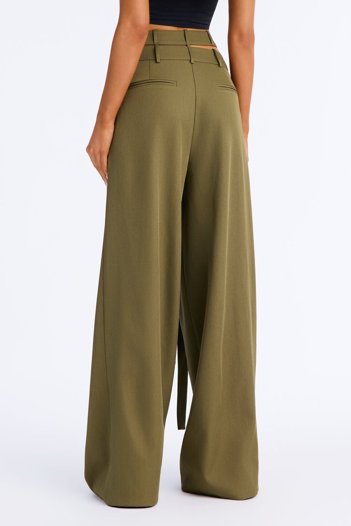 All Wrapped Up Cutout Wide Leg Trousers - Olive